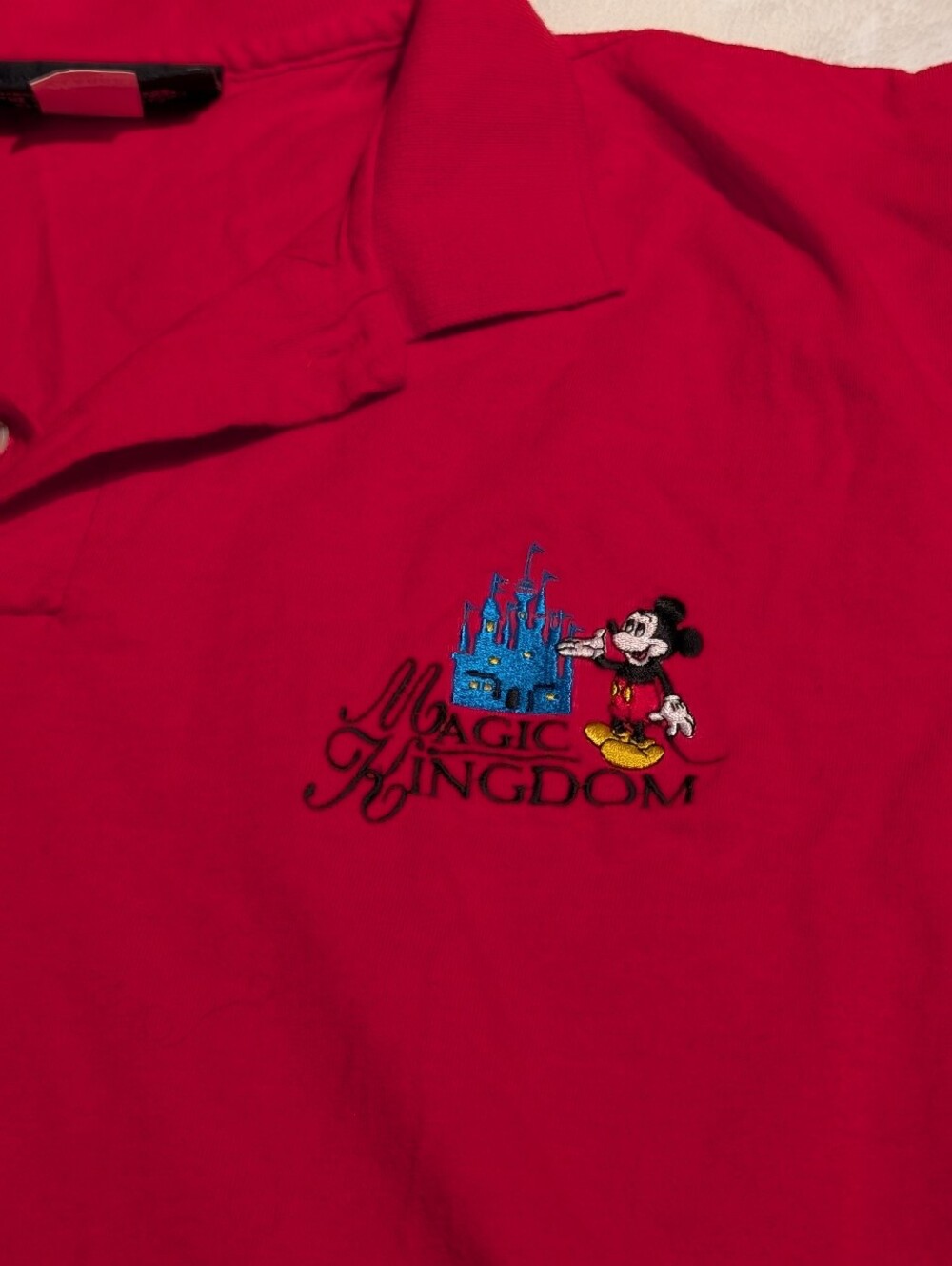 Red Magic Kingdom Mens Polo Shirt with Embroidered Castle. Vintage 90's. Xl